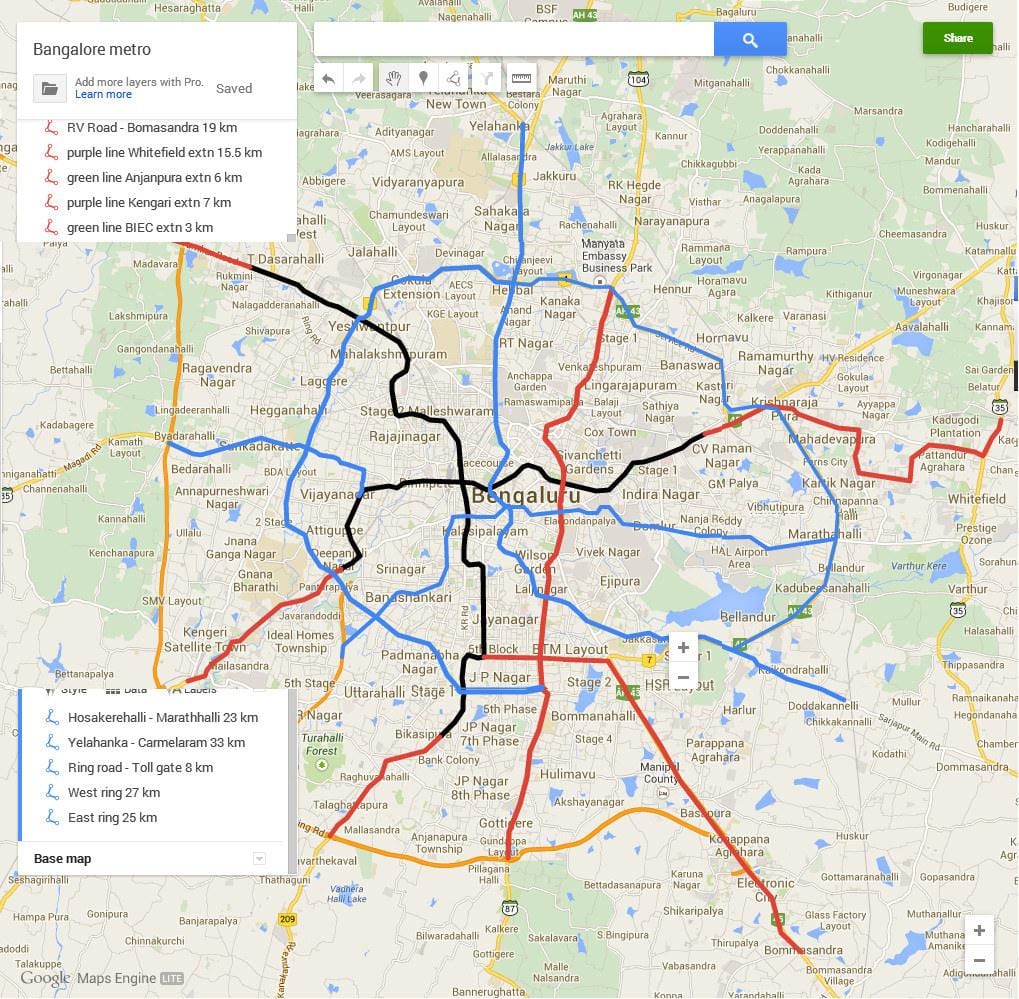 Namma metro etapp 3 marsruut kaardil